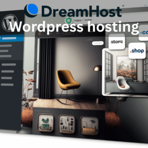 DreamHost WordPress hosting with a preview of a stylish website interface and domain options like .shop and .store.