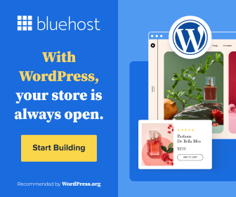 Bluehost ad showing an eCommerce site with a perfume product, highlighting “With WordPress, your store is always open.”