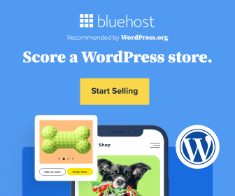 Bluehost ad featuring a mobile pet shop design with a bone toy and a dog image, encouraging users to “Score a WordPress store.”