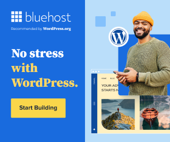 Smiling man using a phone beside a Bluehost ad that reads “No stress with WordPress.”