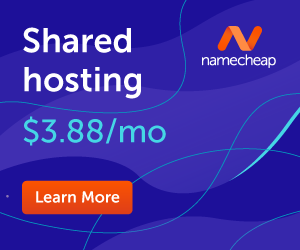 Namecheap shared hosting ad with a blue background showing "$3.88/mo" and an orange “Learn More” button.