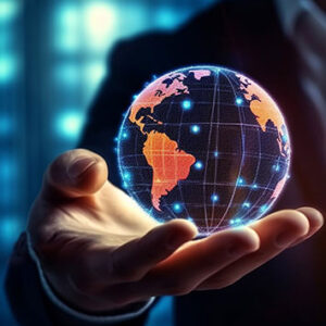 Business hand holding a digital globe at www.gr8result.com symbolising global digital marketing strategy and innovation